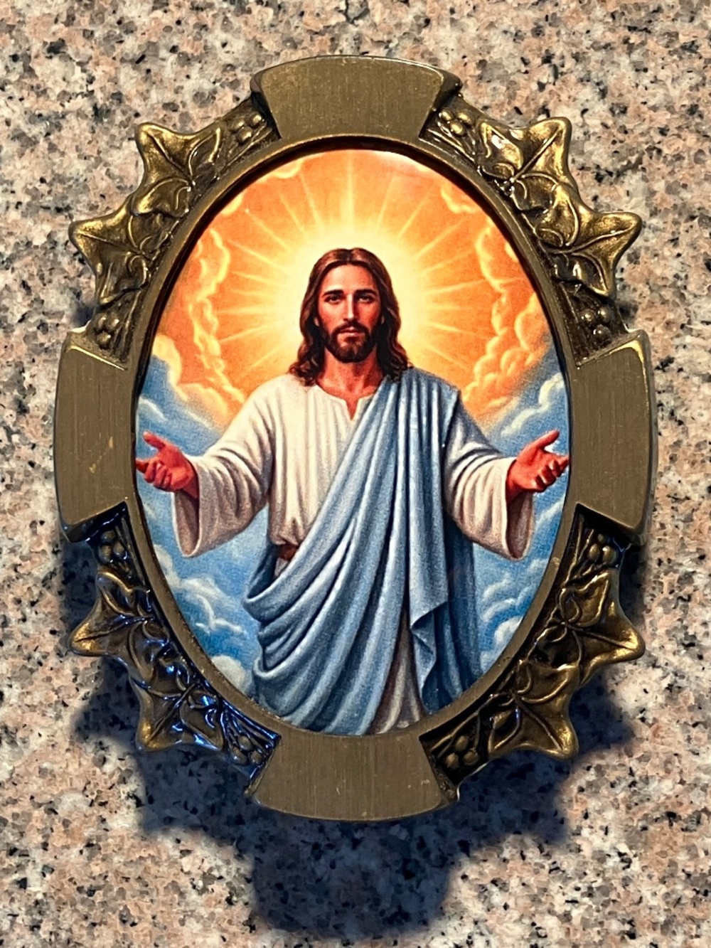 Vintage Jesus Christ Porcelain Cameo Oval Plaque Ornate Bronze Frame Art